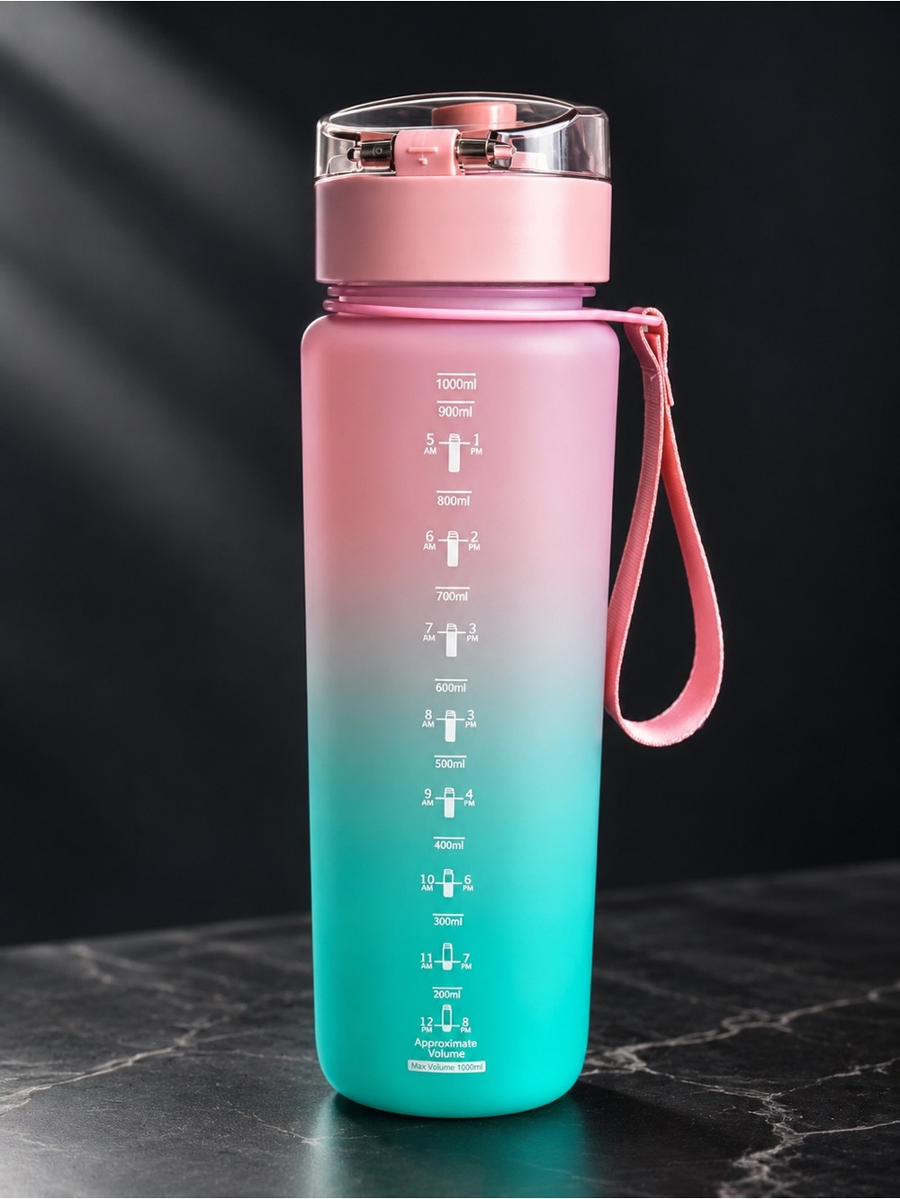 Gradient Pink to Teal Water Bottle with Carry Strap
